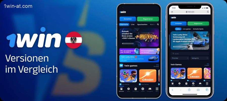 Vergleich der Anwendung und der Browserversion von 1win