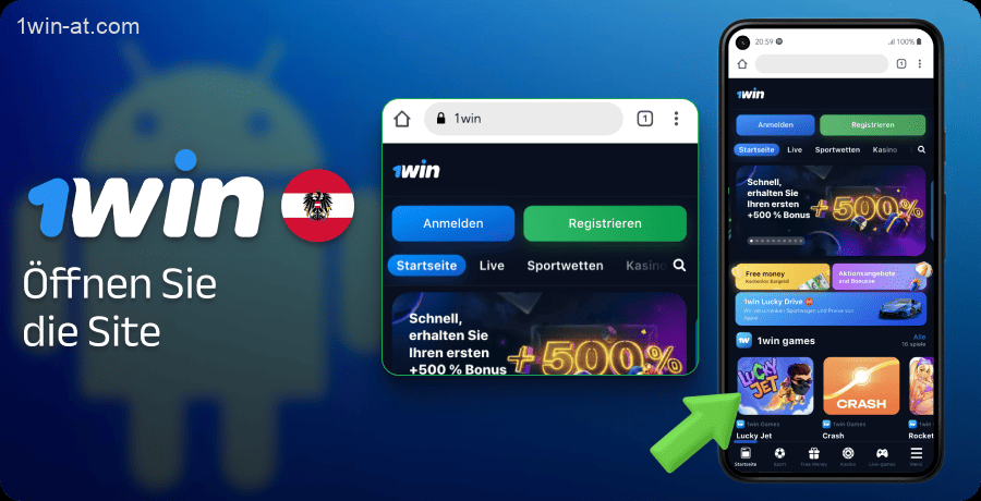 Öffnen Sie die 1win-Website in einem Browser auf Ihrem Android-Gerät