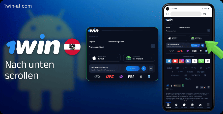 Scrollen Sie auf der 1win-Website nach unten
