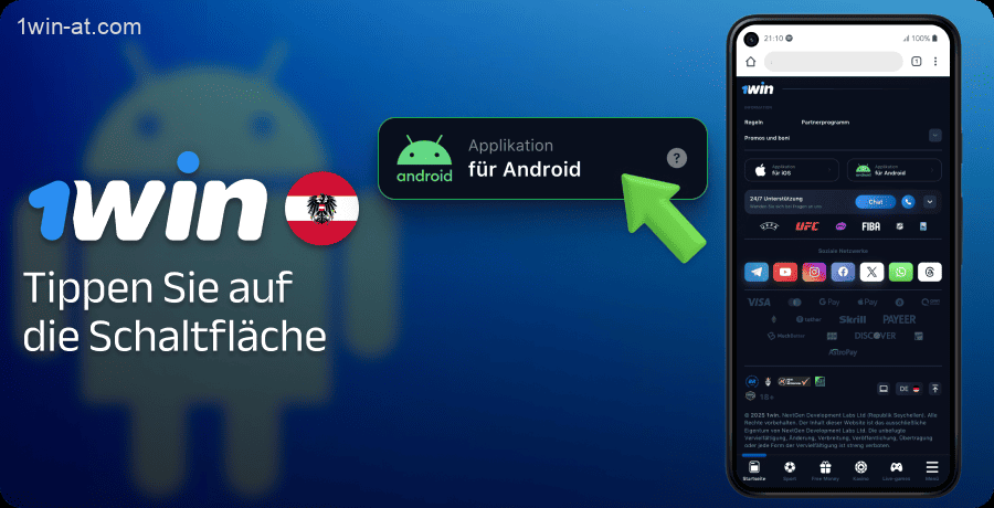 Klicken Sie unten auf der 1win-Website auf die Schaltfläche "Android-Anwendung"