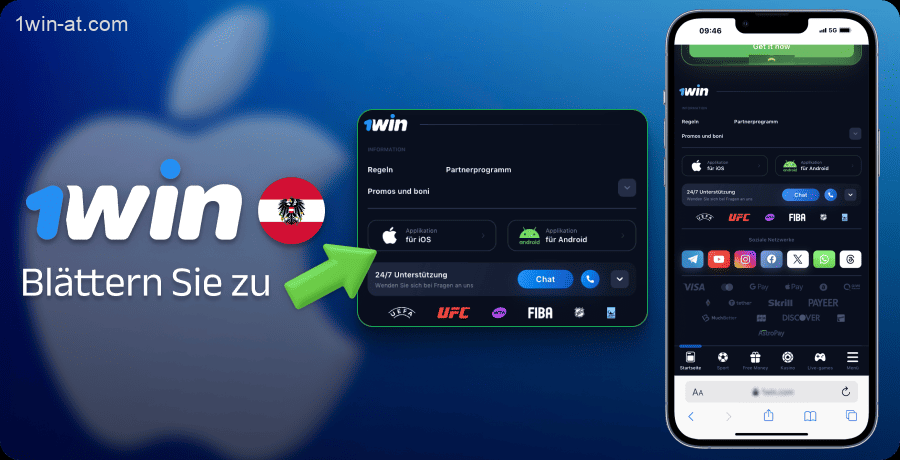 Scrollen Sie auf Ihrem iOS-Gerät zum Ende der 1win-Seite