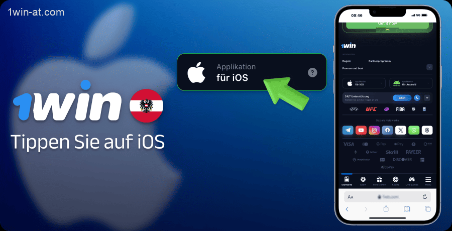 Klicken Sie auf der 1win-Seite auf die iOS-Schaltfläche