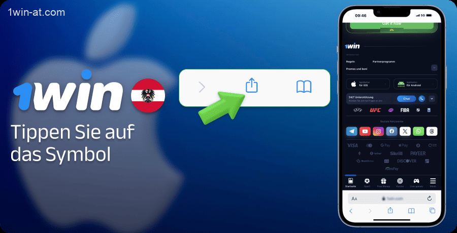 Klicken Sie auf das Teilen-Symbol, um die 1win-App herunterzuladen