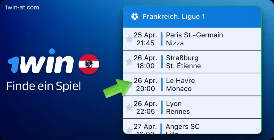 Finden Sie ein Spiel, auf das Sie in Österreich auf 1win wetten können