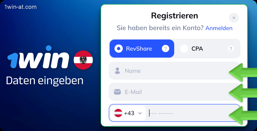 Geben Sie die erforderlichen Informationen ein, um sich bei 1win Partners zu registrieren