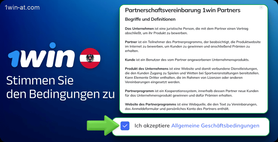 Lesen und akzeptieren Sie die Bedingungen von 1win Partners