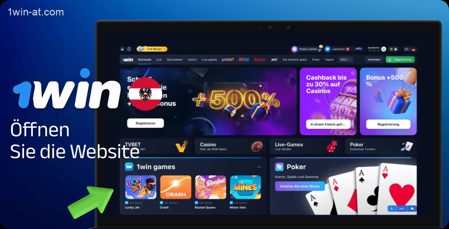 Öffnen Sie die 1win-Website oder mobile App in Österreich