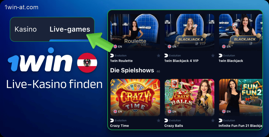 Finden Sie die Kategorie Live Casino im 1win-Menü