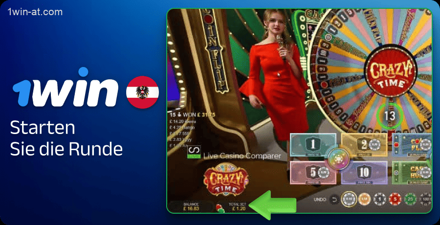 Wählen Sie den Betrag und bestätigen Sie den Einsatz im Crazy Time-Spiel auf 1win