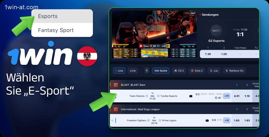 Wählen Sie „Esport“ auf der 1win Website in Österreich