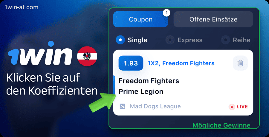 Klicken Sie auf die Quoten und fügen Sie sie Ihrem 1win-Wettschein in Österreich hinzu