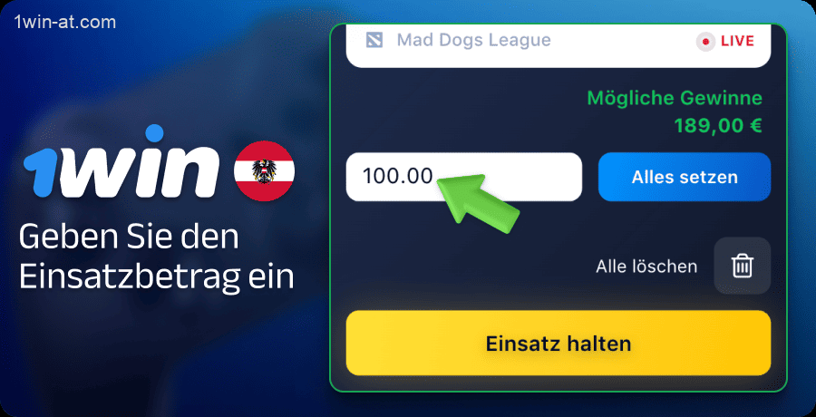 Eingabe und Bestätigung einer Wette auf ein Cyber-Sport-Spiel bei 1win in Österreich
