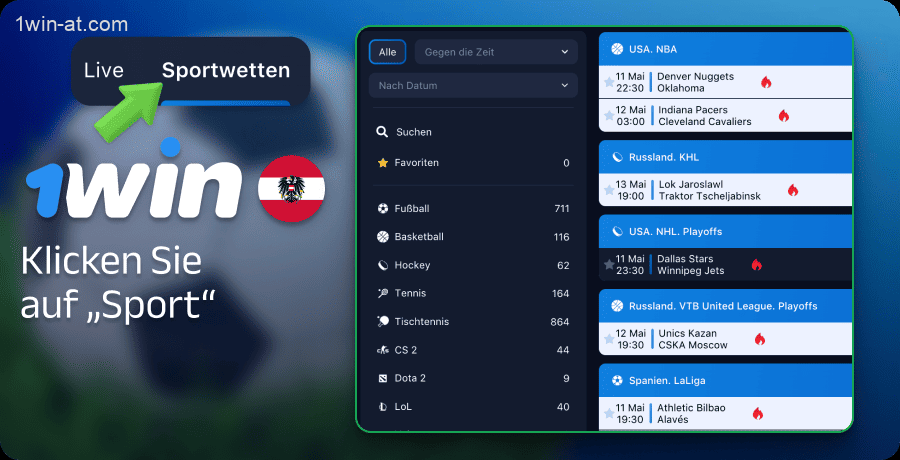 Wählen Sie auf 1win die Registerkarte „Sport“