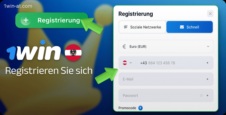 Wählen Sie eine schnelle Registrierungsmethode auf der 1win-Website