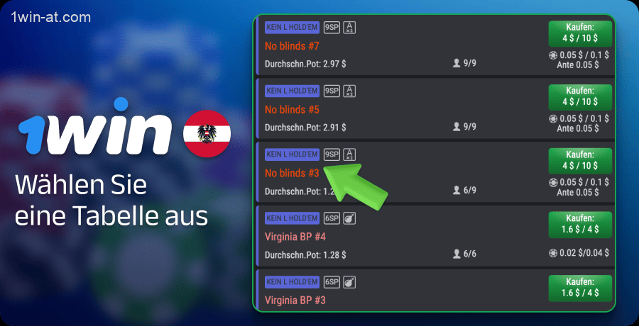 Wählen Sie einen Pokertisch auf 1win